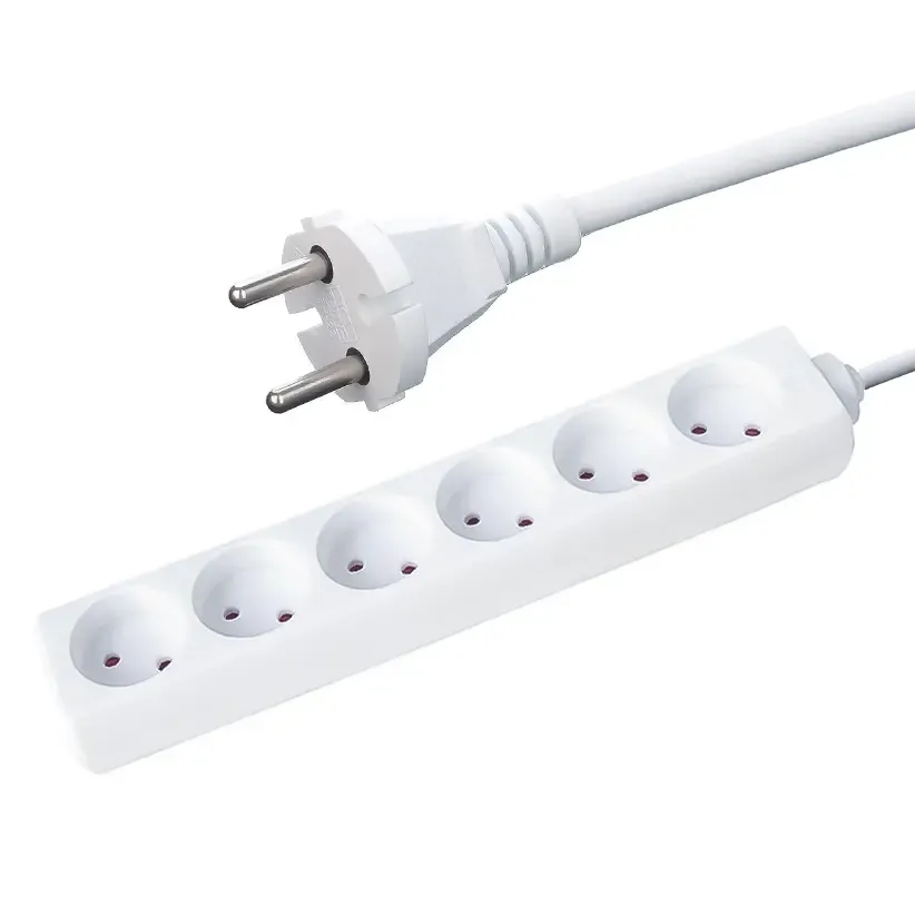 6-Way Schuko Power Strip Extension Cable (White) — 16A / 3500W Max Load, Built-in Overload Protection, 1.5m Heavy-Duty PVC Cable, 220–250VAC Grounded AC Sockets