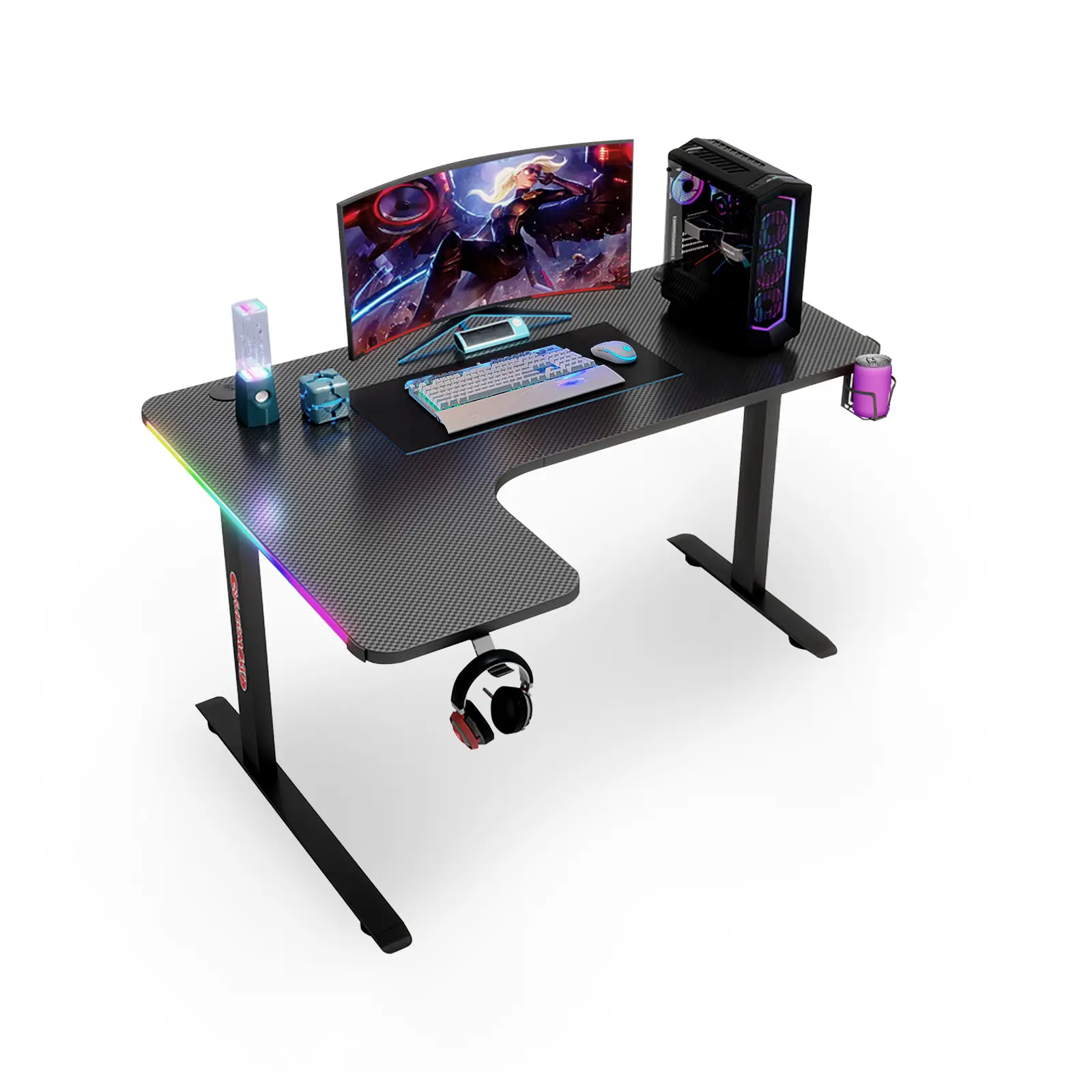 RGB Pro Gaming Desk With L-Shape & Carbon Fiber Surface, 160cm Ergonomic Gaming Table, RGB LED Lighting