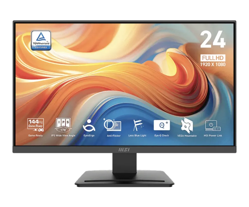 MSI PRO MP243L E14 23.8-Inch Full HD 144Hz IPS Business Monitor (1ms MPRT, HDR Ready, AMD FreeSync, PerfectEdge Four-Sided Frameless) — HDMI 2.0, VGA, EyesErgo, VESA 100×100 Mountable | MATTE BLACK