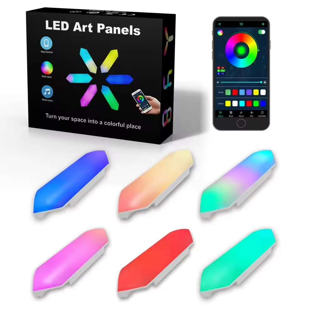 Smart 3D LED RGBIC Hexagon Wall Lights (App + Remote Control, Music Sync, 20cm Panels) — 6-Pack Modular Lighting Kit for Gaming Rooms, Streaming Setups & Ambient Home Décor