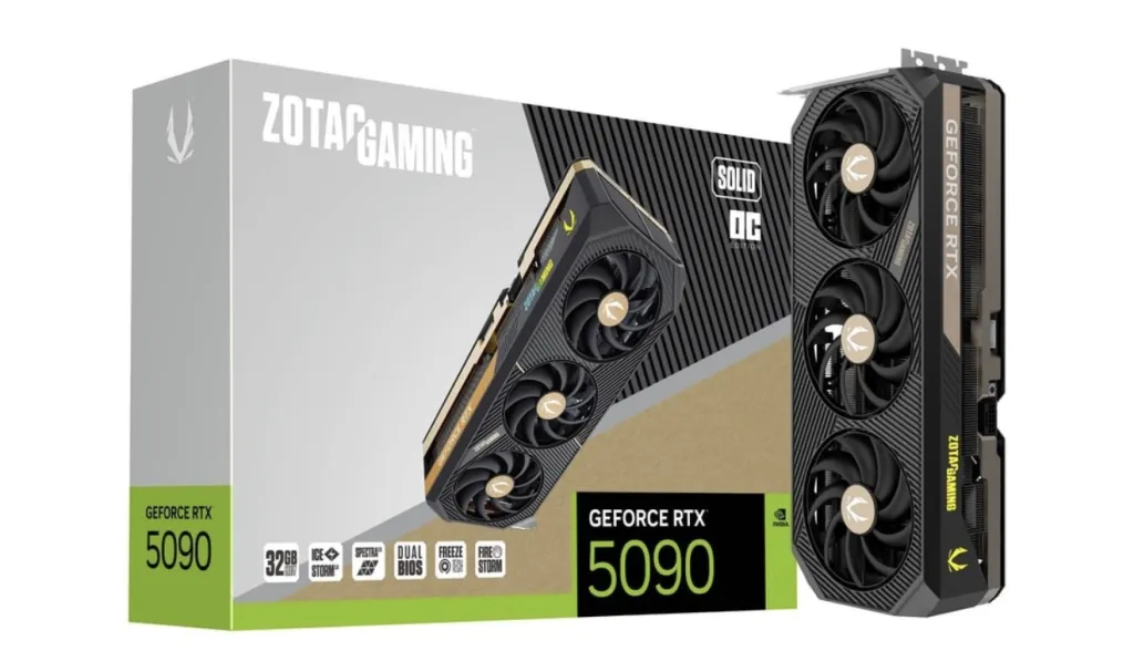ZOTAC GAMING GeForce RTX 5090 SOLID OC 32GB GDDR7 Graphics Card (NVIDIA Blackwell, DLSS 4, 3352 AI TOPs, 21760 CUDA Cores, 2422MHz OC, 28Gbps, 512-Bit)