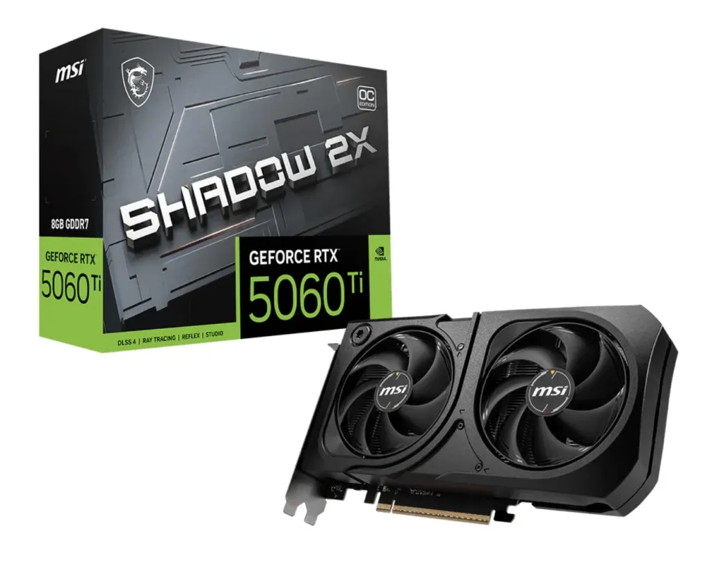 MSI GeForce RTX™ 5060 Ti 8G SHADOW 2X OC PLUS 8GB GDDR7 Graphics Card (NVIDIA Blackwell, DLSS 4, 4608 CUDA Cores, 2602MHz Boost, 28Gbps, 128-Bit)