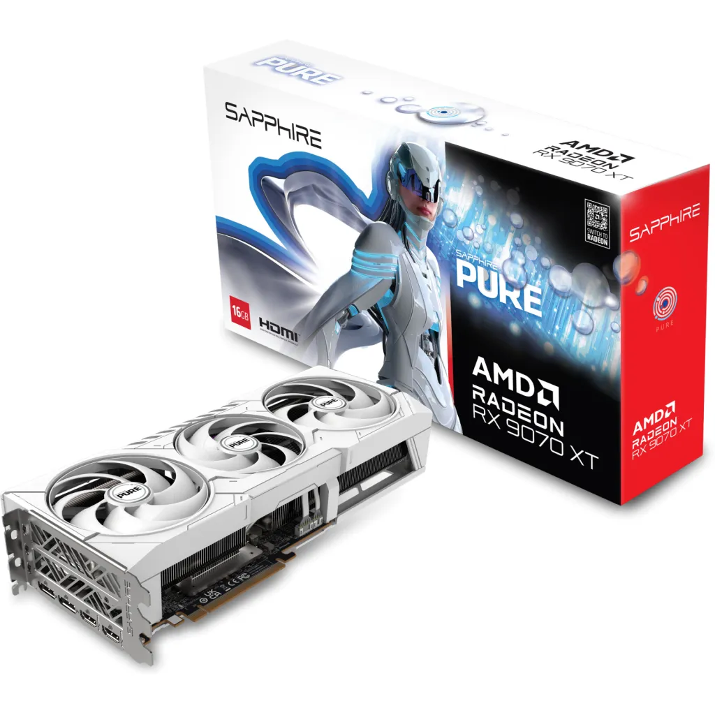 SAPPHIRE PURE Radeon RX 9070 XT OC 16GB GDDR6 PCIe 5.0 Graphics Card (AMD RDNA 4, 3010MHz Boost, 256-Bit, FSR 4 AI, Tri-X Cooling, PTM7950 TIM, 2x HDMI, 2x DP 2.1a, 3-Slot, White)