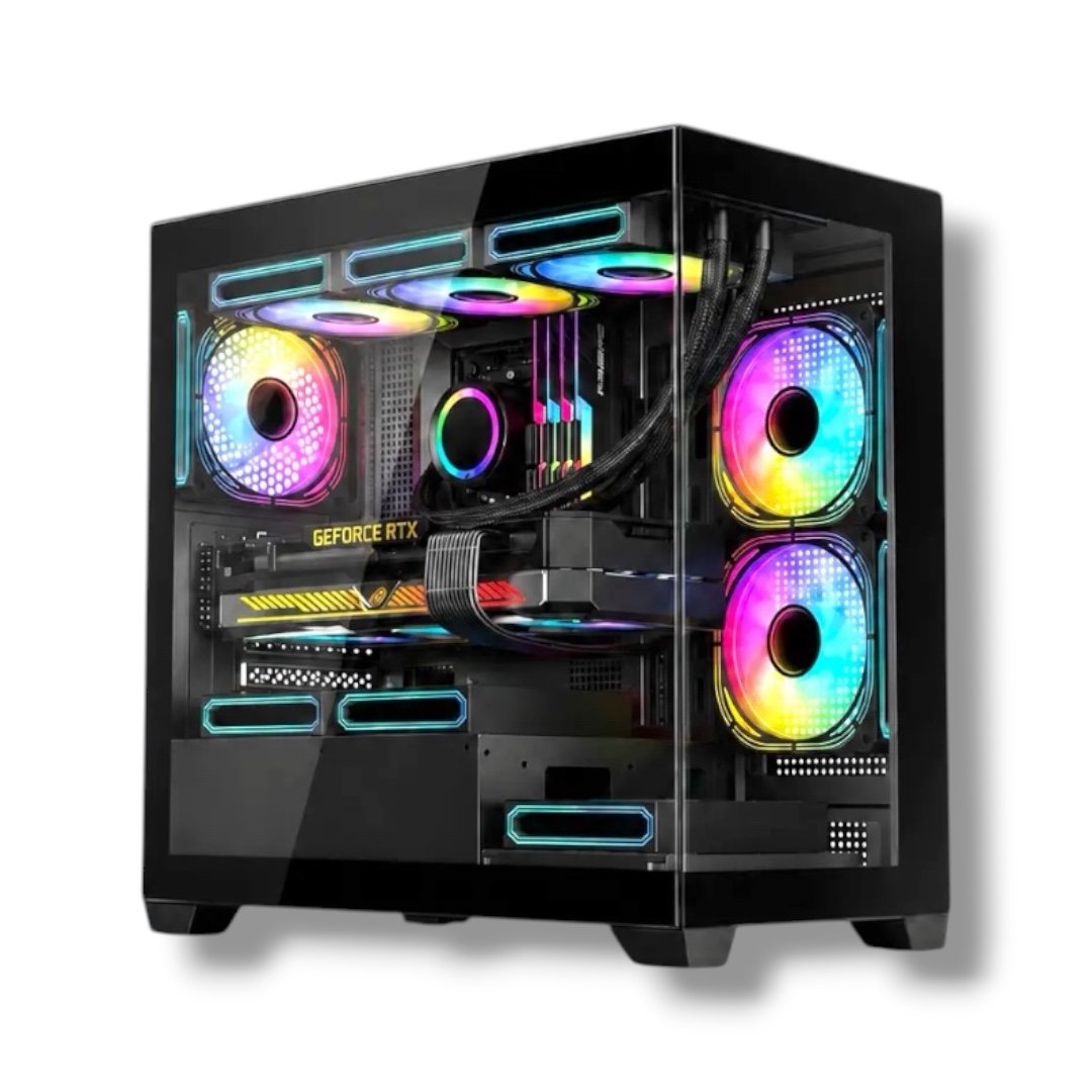 Schrapnel Stygian M-ATX Gaming PC Case – 270° Panoramic Glass, 3× ARGB Fans, 360mm Radiator Support