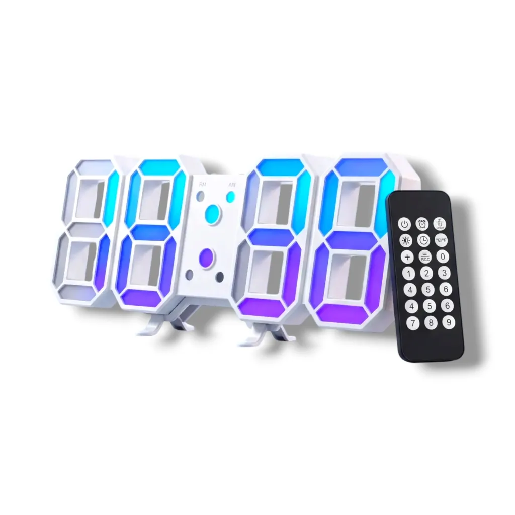 3D LED Digital Wall & Desktop Clock | Remote Control | Time, Date & Temperature Display | Wall Mount & Table Stand | 99:59 Timer & Alarm | White