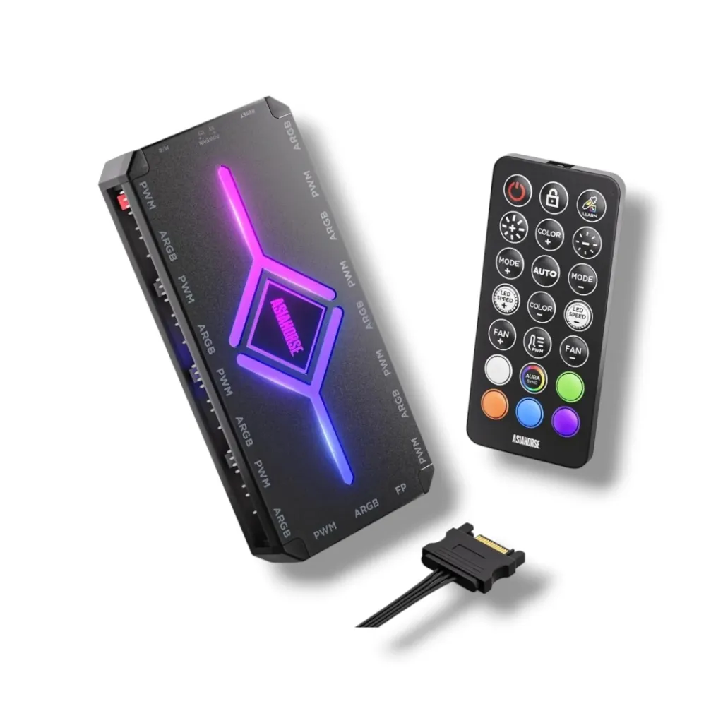 AsiaHorse ASH-S1 ARGB Fan Hub – 9-Port PWM + ARGB Controller, 20 Preset Effects, Color-Learning Mode, Remote Control, Aura Sync Compatible