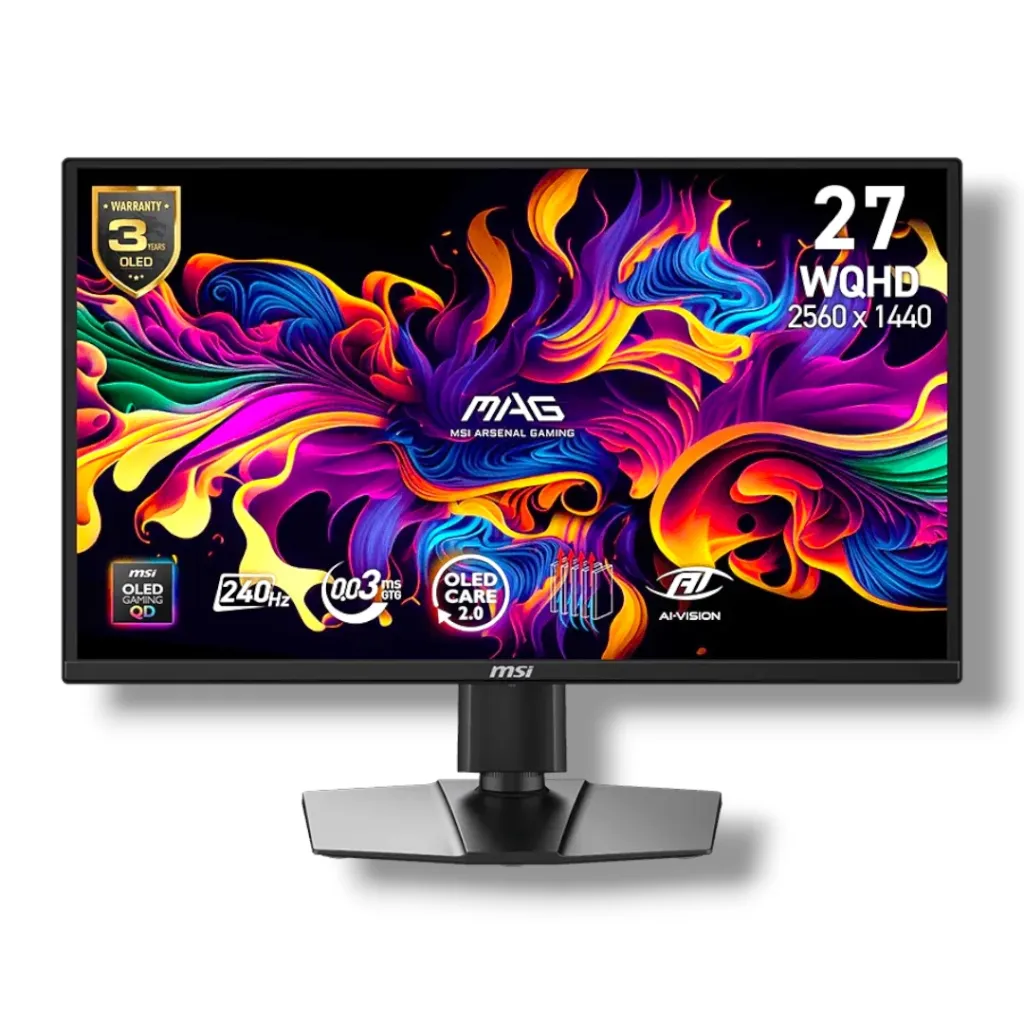 MSI MAG 272QP QD-OLED X24 26.5-Inch WQHD QD-OLED Gaming Monitor – 240Hz, 0.03ms GtG, HDMI 2.1, DisplayPort 1.4a, USB Type-C 15W PD, G-SYNC Compatible, FreeSync Premium, Console Mode & 4-Way Ergonomic Stand